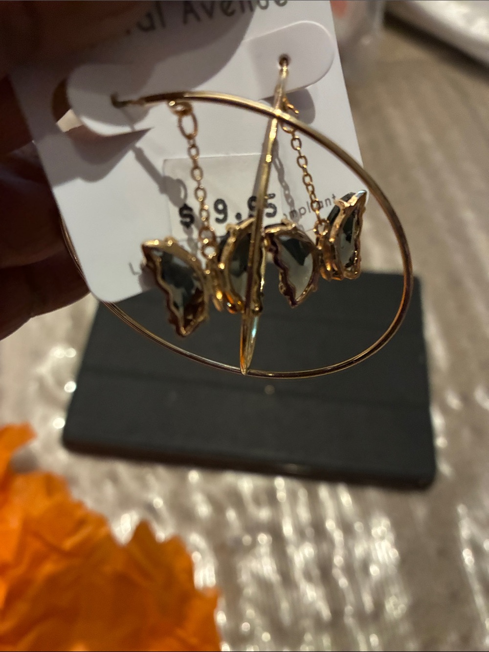 Crystal Avenue Gold Hoop Earrings with Dark Green Butterfly Charms - Picture 4 of 4